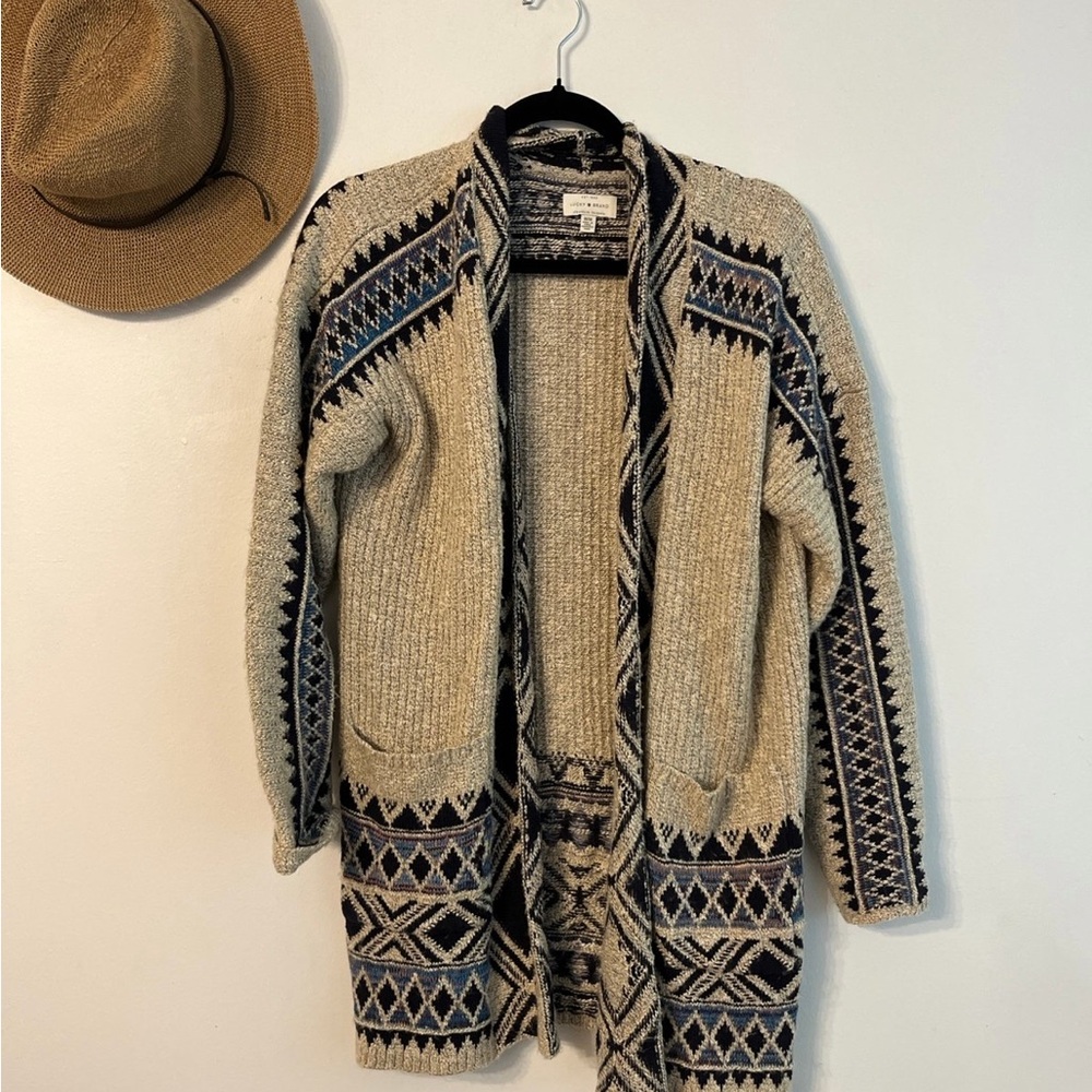 Lucky Brand Cream & Black Aztec Open-Front Cardigan